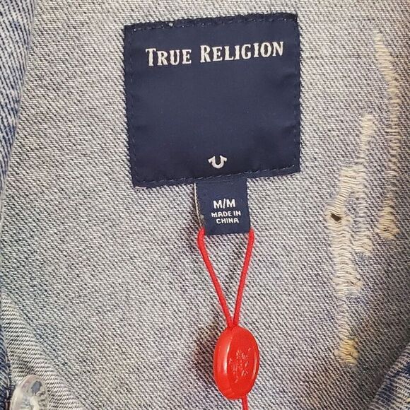 TRUE RELIGION Jeans Denim Jacket Womens Medium Distressed Grunge Boxy oversized - Picture 4 of 13